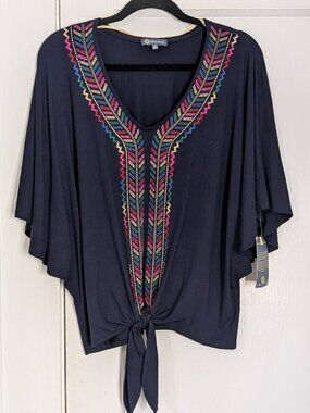Democracy Navy Blue Embroidered Top Beachy Boho Women's Large NWT